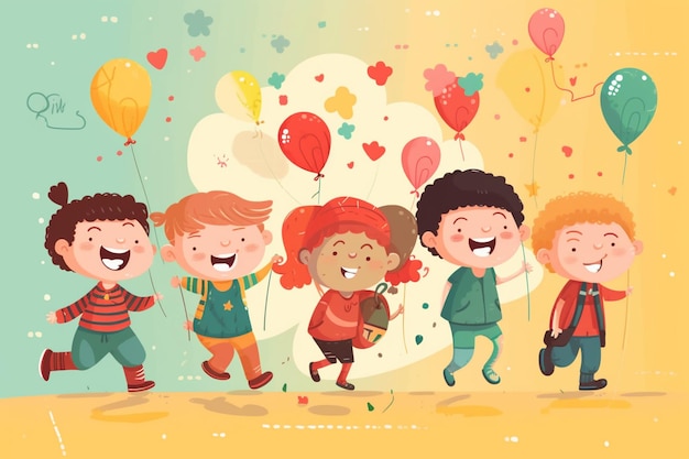 Una caricatura de niños divirtiéndose con globos.