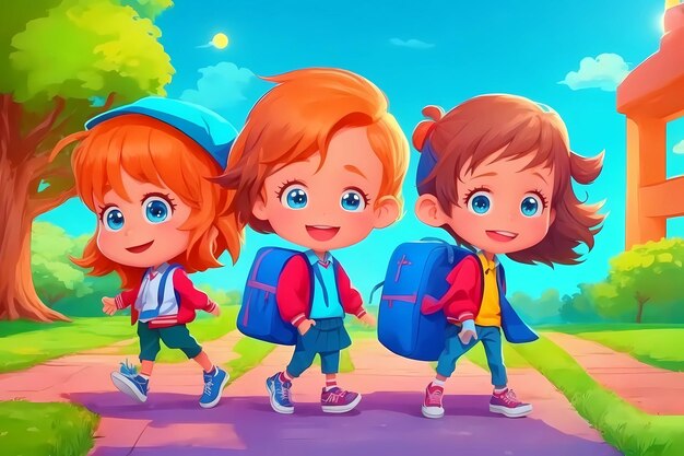 una caricatura de niños con equipaje caminando en un parque