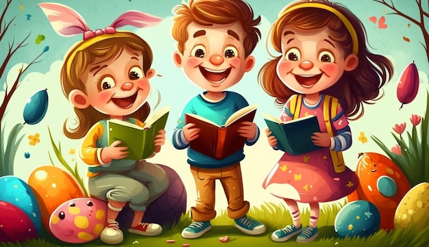 Una caricatura de niños leyendo libros.
