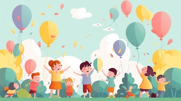 Una caricatura de niños sosteniendo globos y divirtiéndose