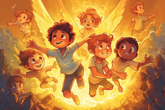 Una caricatura de niños volando en el cielo con alas de ángel.