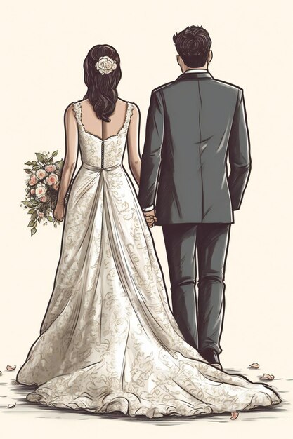 Una caricatura de una novia y un novio el día de su boda.