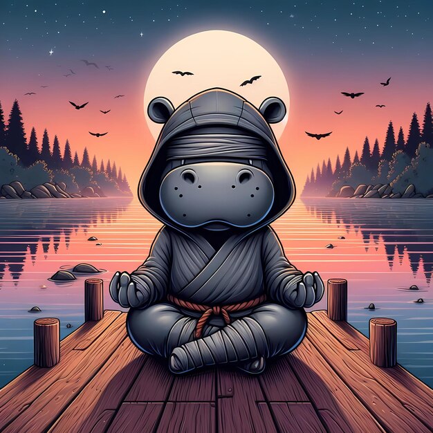 una caricatura de un oso con una luna llena en el hipopótamo ninja meditando cerca del río ilustración