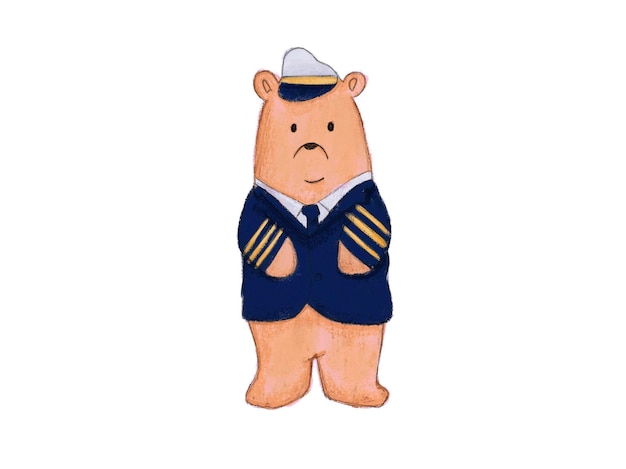 Caricatura de oso usar uniforme de capitán de piloto de avión sobre fondo blanco