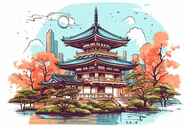 Una caricatura de una pagoda en una ciudad japonesa