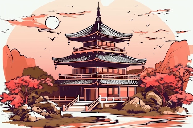 Una caricatura de una pagoda con un río al fondo.