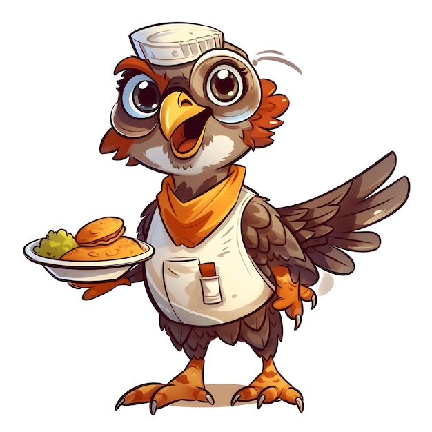 Una caricatura de un pájaro con un sombrero de chef y un delantal que sostiene un plato de comida.