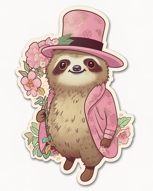 Foto una caricatura de un pájaro con un sombrero rosa y un conejito rosa con un sombrero de copa rosa.