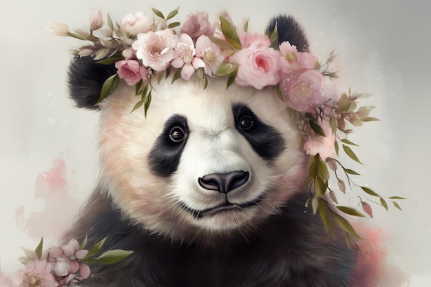 una caricatura de un panda con una corona de flores en la cabeza