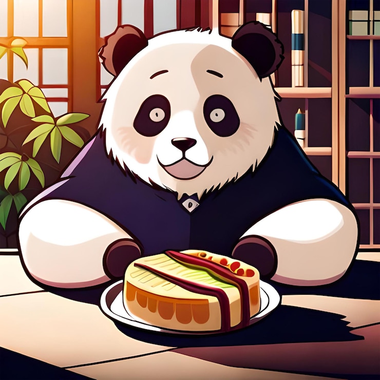 Foto una caricatura de un panda de peluche sentado junto a un plato de comida