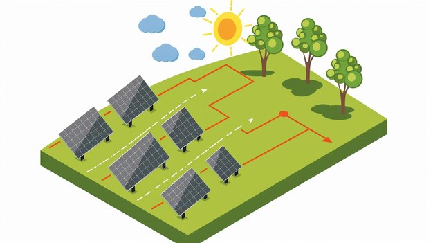 una caricatura de un panel solar con árboles y un sol en la parte superior