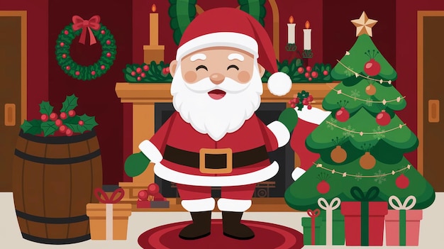 una caricatura de un Papá Noel de pie frente a un árbol de Navidad