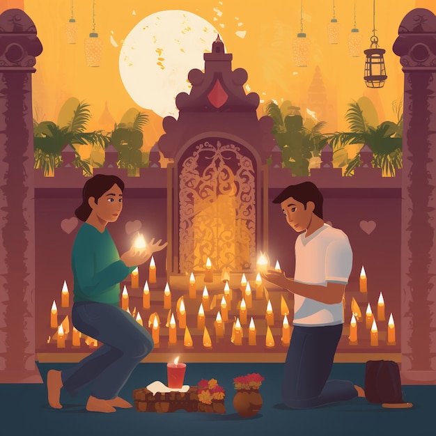 Una caricatura de una pareja arrodillada frente a una vela encendida.