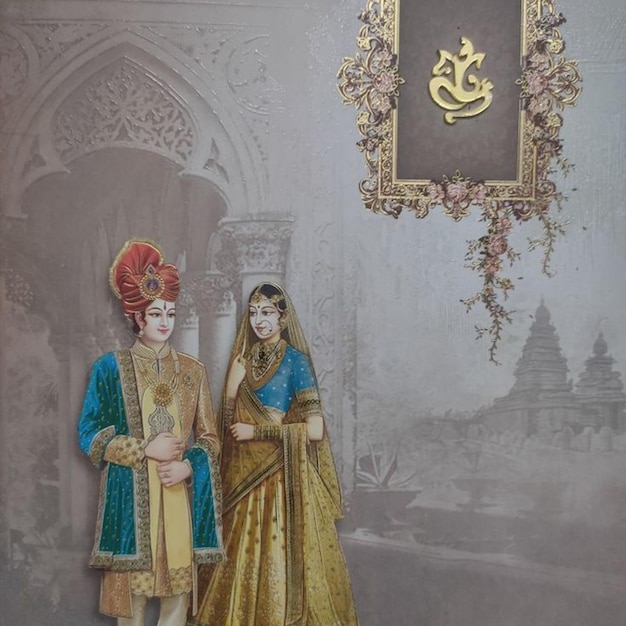 Caricatura de pareja de novios indios con foto dorada de Ganpati