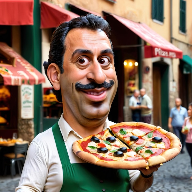 Foto caricatura paródia de um homem italiano carregando pizza