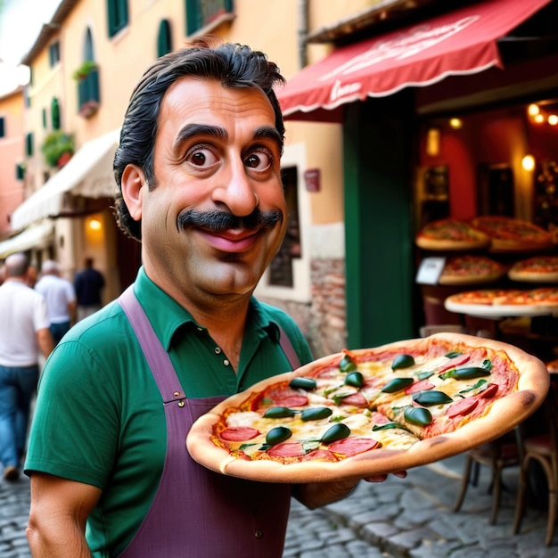 Foto caricatura paródia de um homem italiano carregando pizza