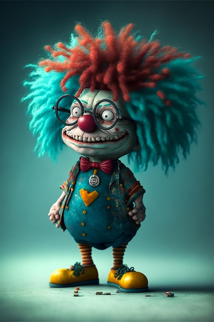 Una caricatura de un payaso con cabello rojo y ojos azules.