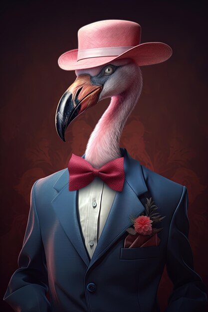 una caricatura de un pelícano con un sombrero rojo y una corbata de pollo