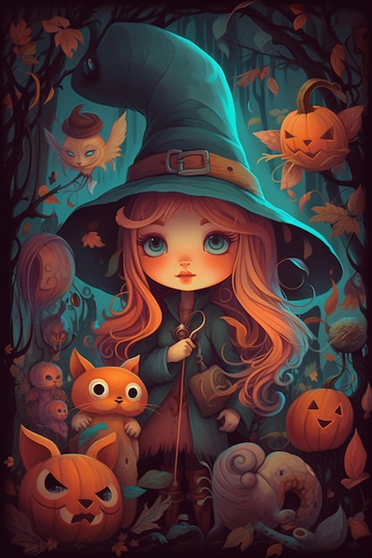 Una caricatura de una pequeña bruja con sombrero y un gato en el fondo.