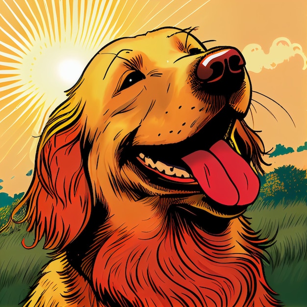 Una caricatura de un perro con el sol brillando sobre él.