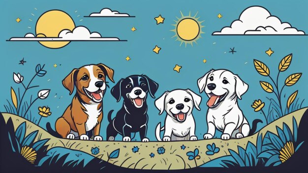 Una caricatura de perros en una playa con el sol detrás de ellos.