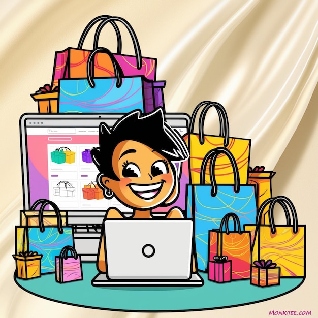 una caricatura de una persona con una computadora portátil y muchas bolsas de compras