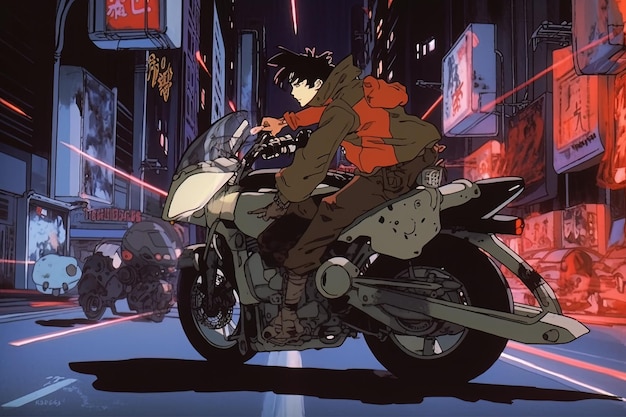 Foto una caricatura de una persona en una motocicleta con un letrero que dice anime en él