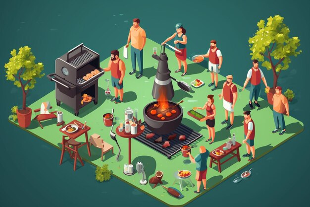 Foto una caricatura de personas cocinando en un fuego de campamento