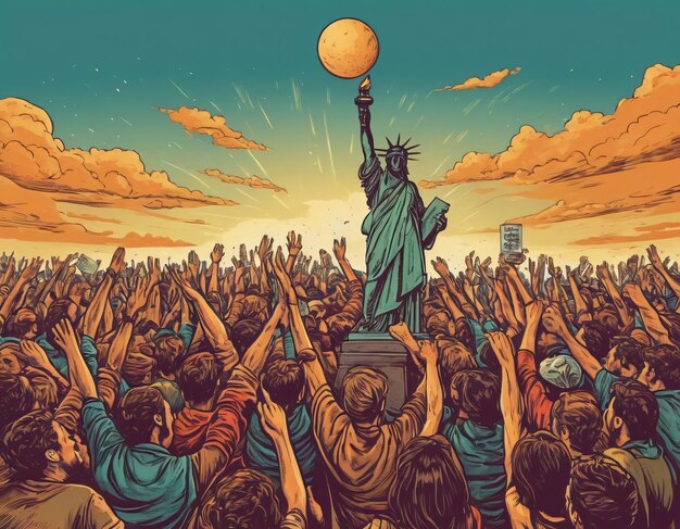 Foto una caricatura de personas con la estatua de la libertad sosteniendo un globo