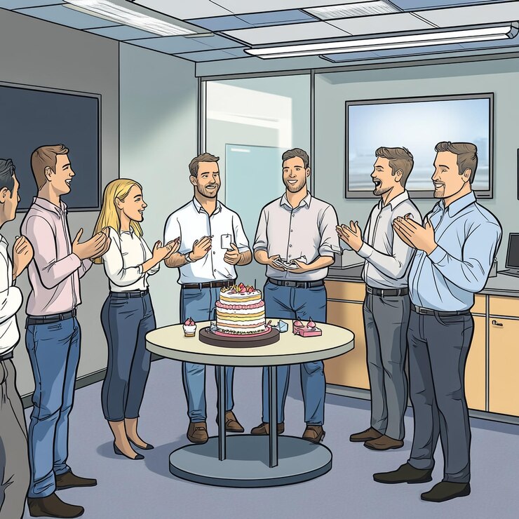 una caricatura de personas de pie alrededor de una mesa con un pastel en ella