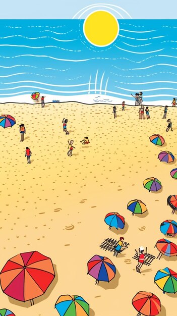 Una caricatura de personas en una playa con sombrillas en la arena.