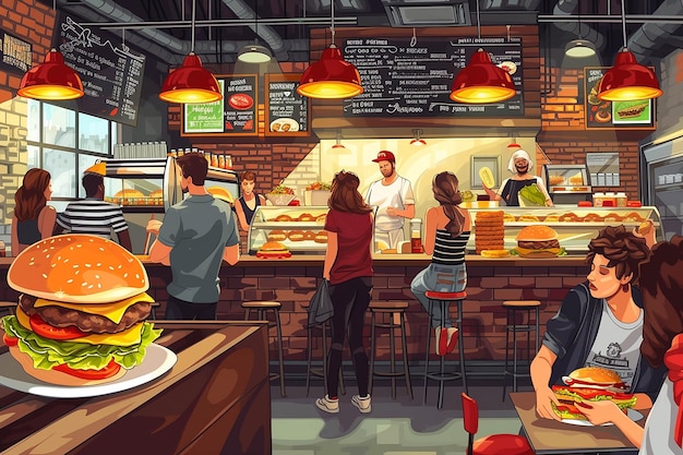 una caricatura de personas en un restaurante con una gran hamburguesa en el mostrador