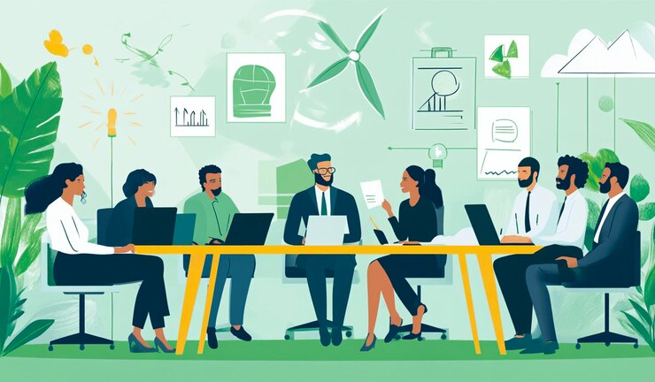 una caricatura de personas en una reunión con un hombre y una computadora portátil