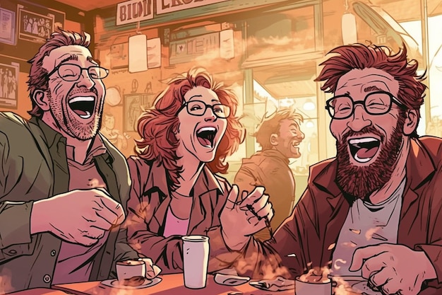 Una caricatura de personas riendo en un café con un cartel que dice bizarro.