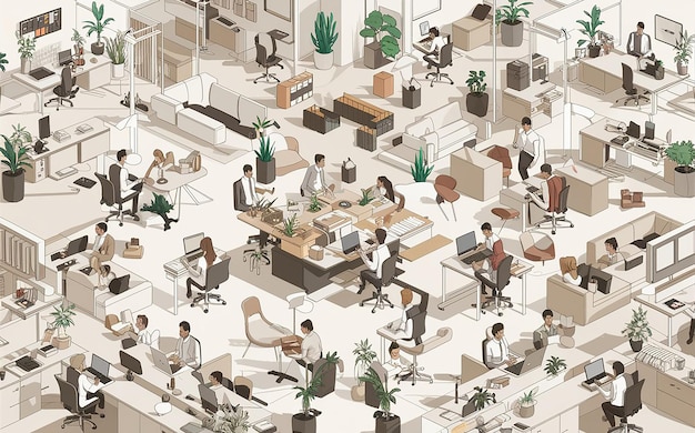 una caricatura de personas trabajando en una habitación con una mesa y una planta en la parte superior