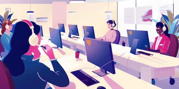 una caricatura de personas trabajando en un laboratorio de computadoras