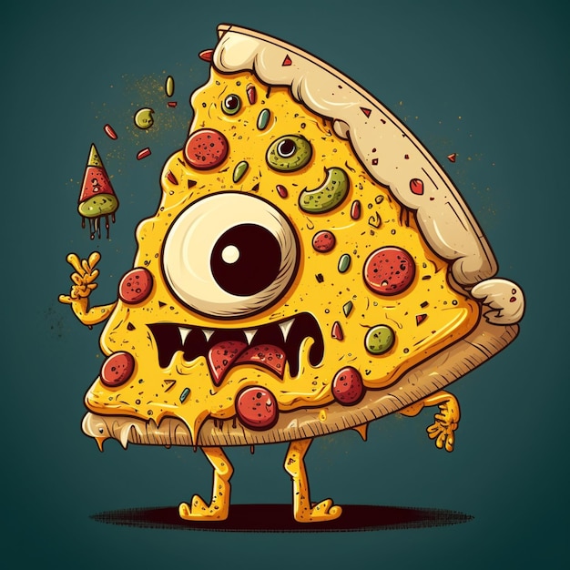 Una caricatura de una pizza con un ojo de monstruo.