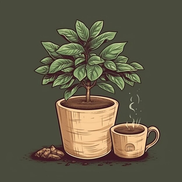 una caricatura de una planta en maceta junto a una taza de café generativa ai