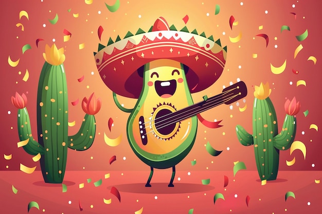 una caricatura de un plátano con una guitarra y un cactus