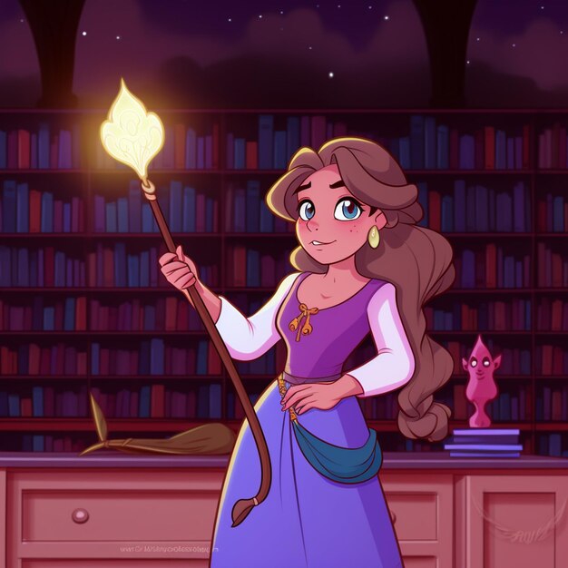 Una caricatura de una princesa sosteniendo una varita mágica frente a una librería.