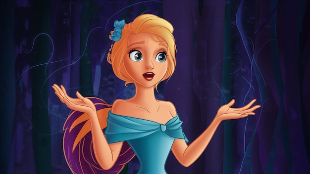 una caricatura de una princesa con un vestido púrpura y un lazo azul