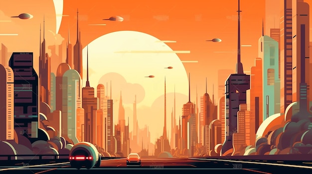 Una caricatura de la puesta de sol con un paisaje de ciudad futurista