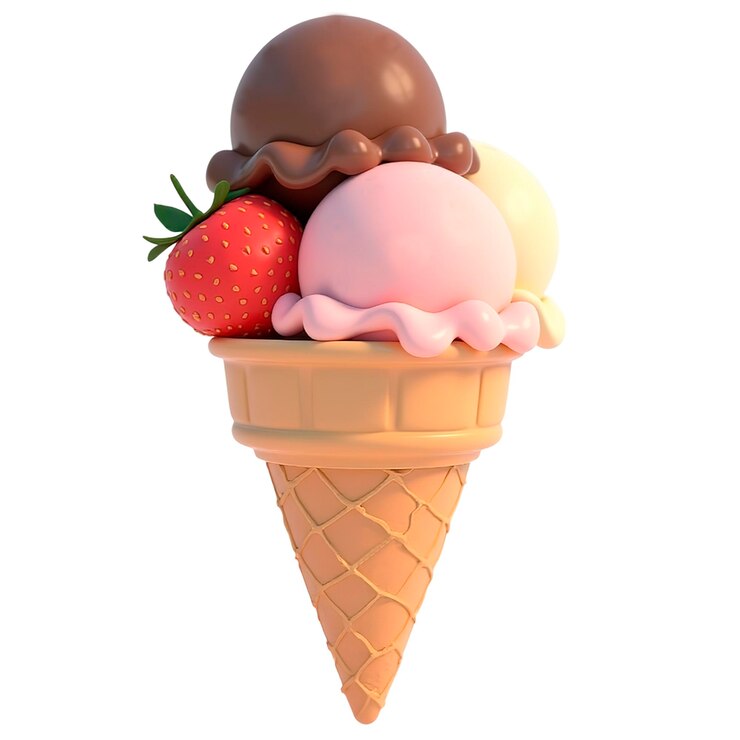 Caricatura realista en 3D de un cono de helado aislado sobre un fondo blanco