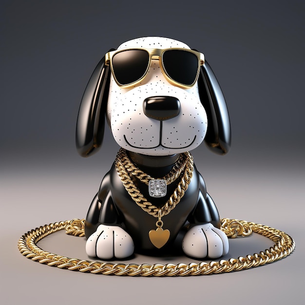 Caricatura renderizada en 3D del perro Snoopy con una cadena de oro y diamantes brillantes al estilo hip hop