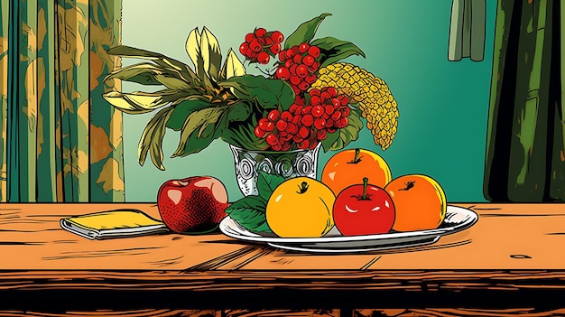 Foto caricatura retro de frutas en la mesa