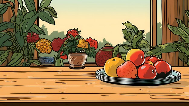 Foto caricatura retro de frutas en la mesa