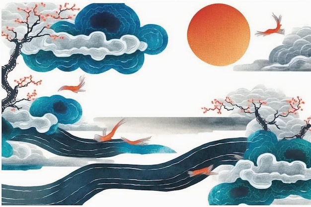 Una caricatura de un río con sol y nubes y un árbol con la palabra "amor".