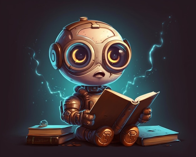 Una caricatura de un robot leyendo un libro.