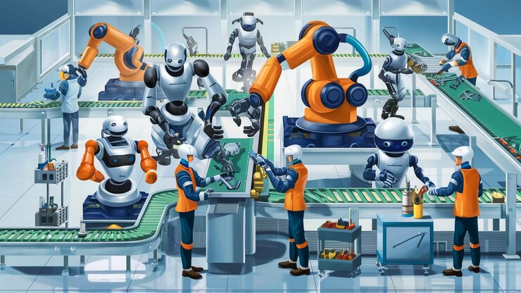Foto una caricatura de robots en una habitación con un robot