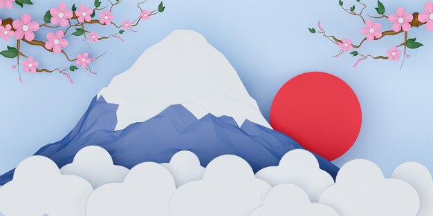 Caricatura de sakura sobre un fondo de ruiseñor japonés Fuji sobre una rama de cerezas florecientes fondo 3d render ilustración